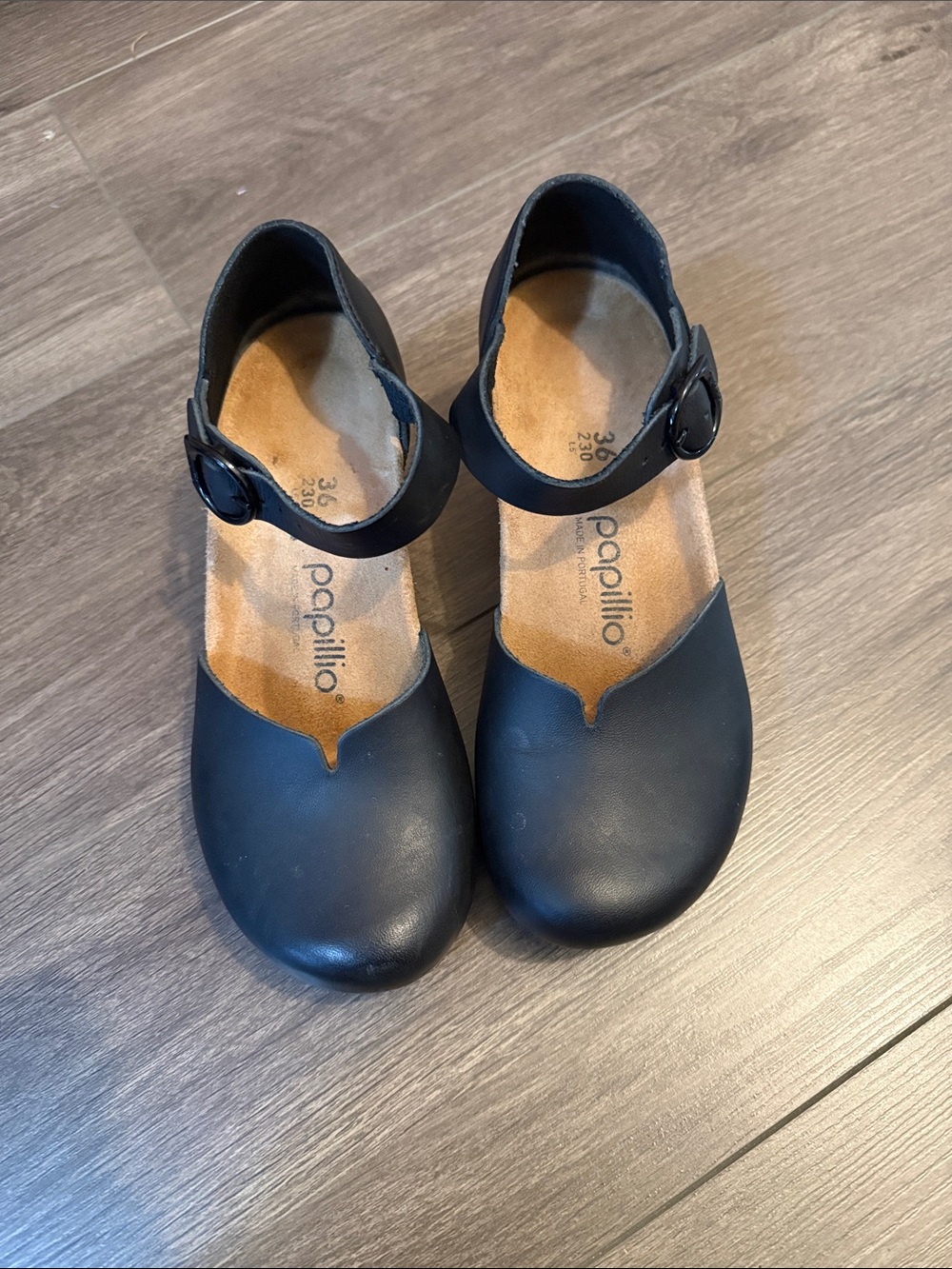 Papillio Black Leather Mary Jane Clogs with Ankle Strap